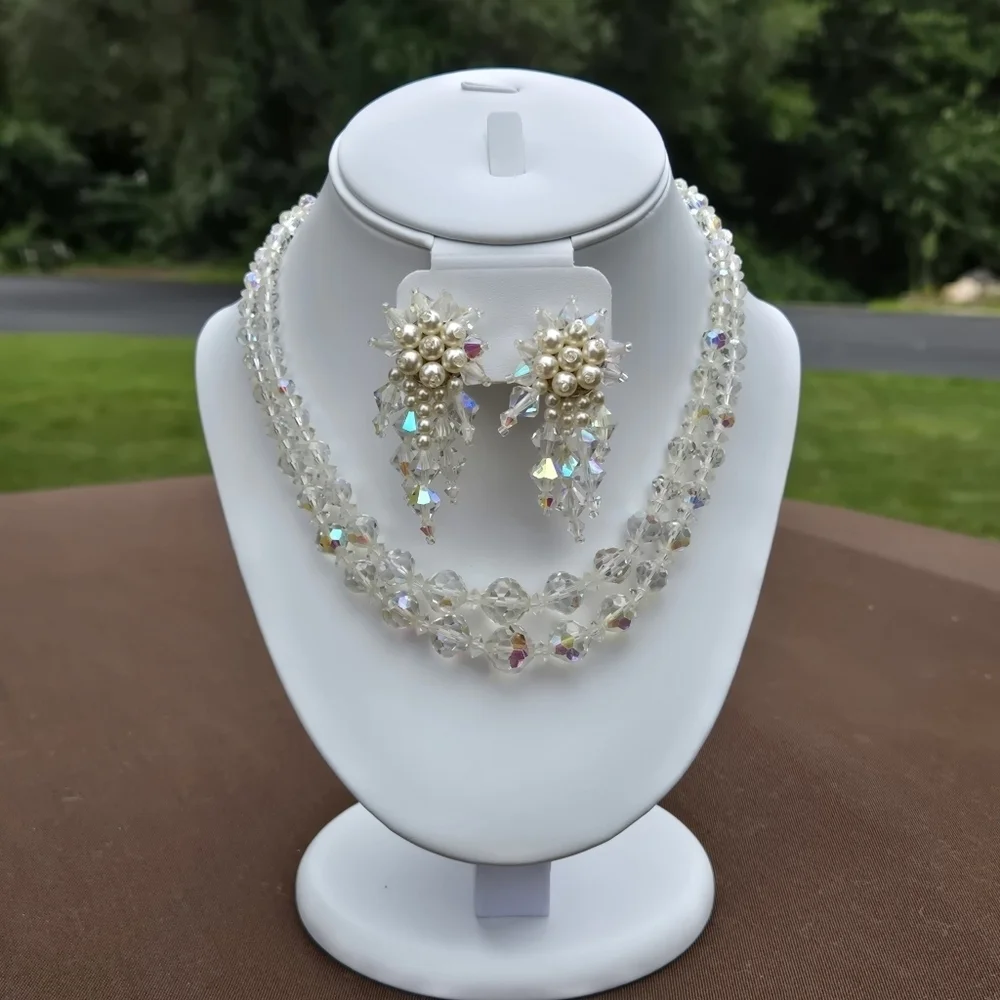Vintage Crystal Necklace and Crystal Fuax Pearl Earrings Jewelry Set